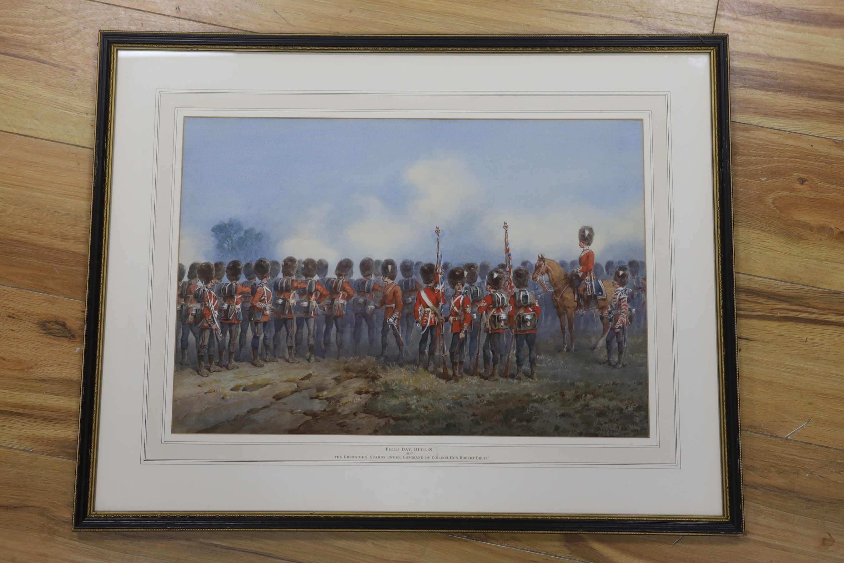 Orlando Norie (1832-1901), watercolour, ‘’Field Day, Dublin 1857 The Grenadier Guards under command of Colonel Hon. Robert Bruce’’, signed, 33 x 48cm